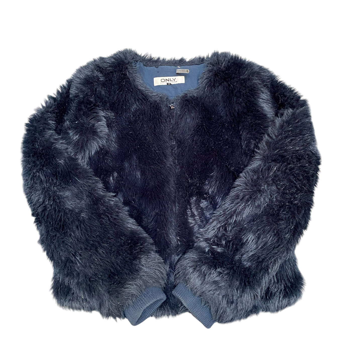 Only Shaggy Faux Fur Jacket Womens Medium Navy Lined Raglan Sleeve Full Zipper