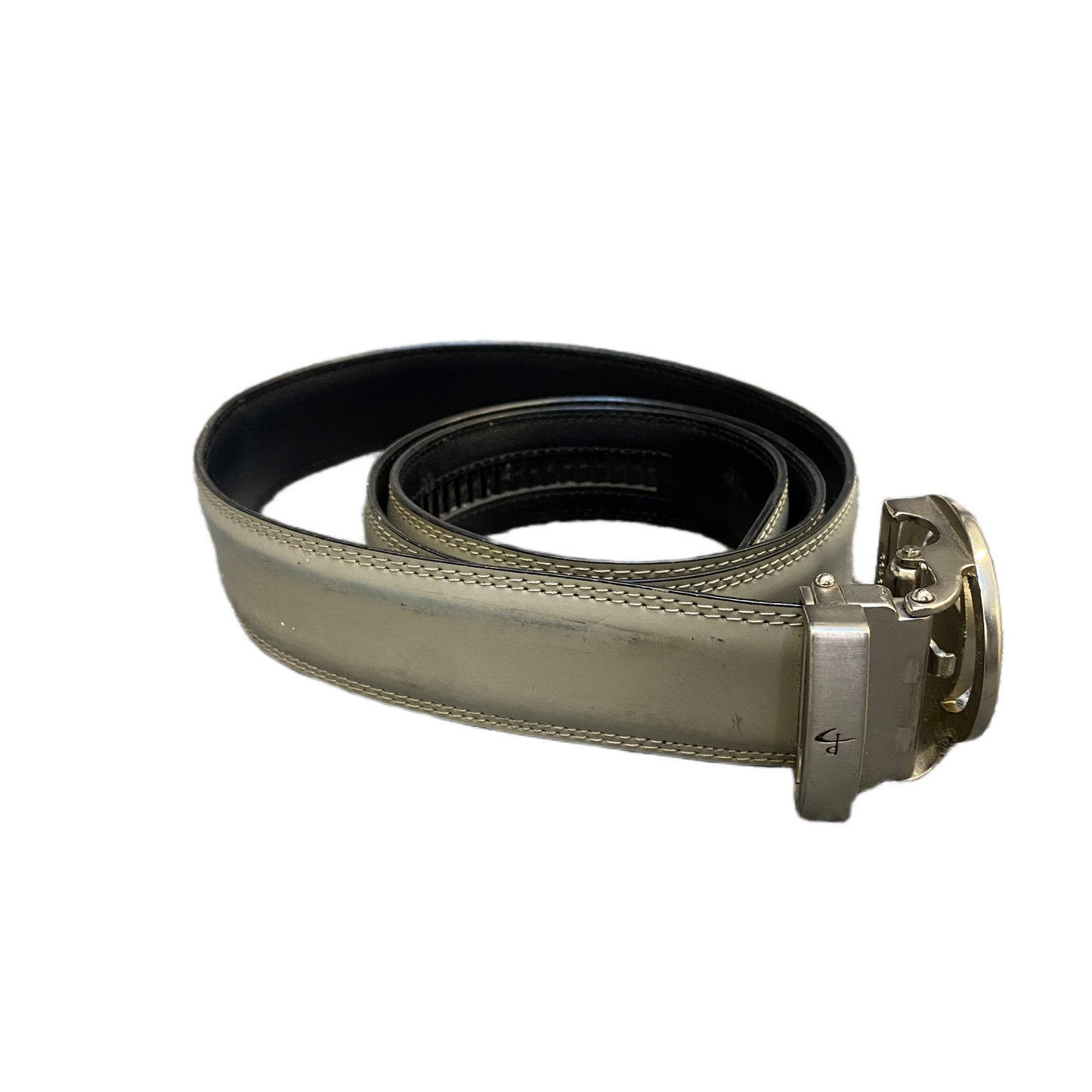 Waist Belt Men Beige Leather Adjustable Silver Reversible Round Buckle 46 Inches