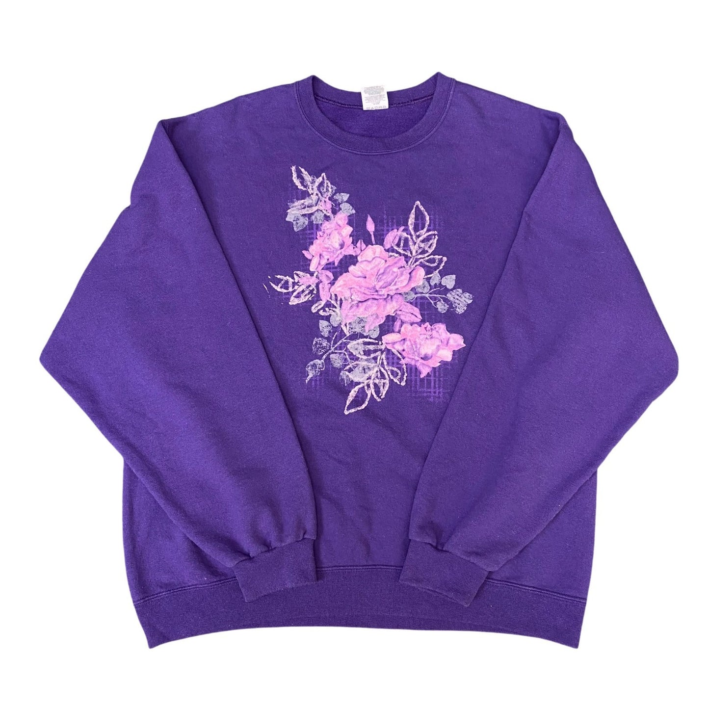 Jerzees Sweatshirt Womens Large Purple Floral Long Sleeve Crew Neck Pullover