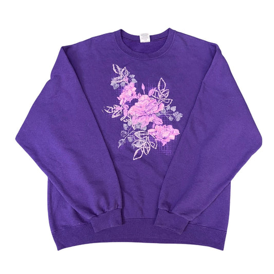 Jerzees Sweatshirt Womens Large Purple Floral Long Sleeve Crew Neck Pullover