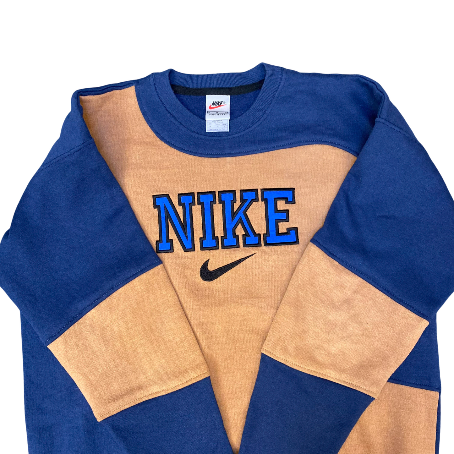 Nike Reworked Sweatshirt Mens Medium Blue Brown Embroidered Spell Out Logo