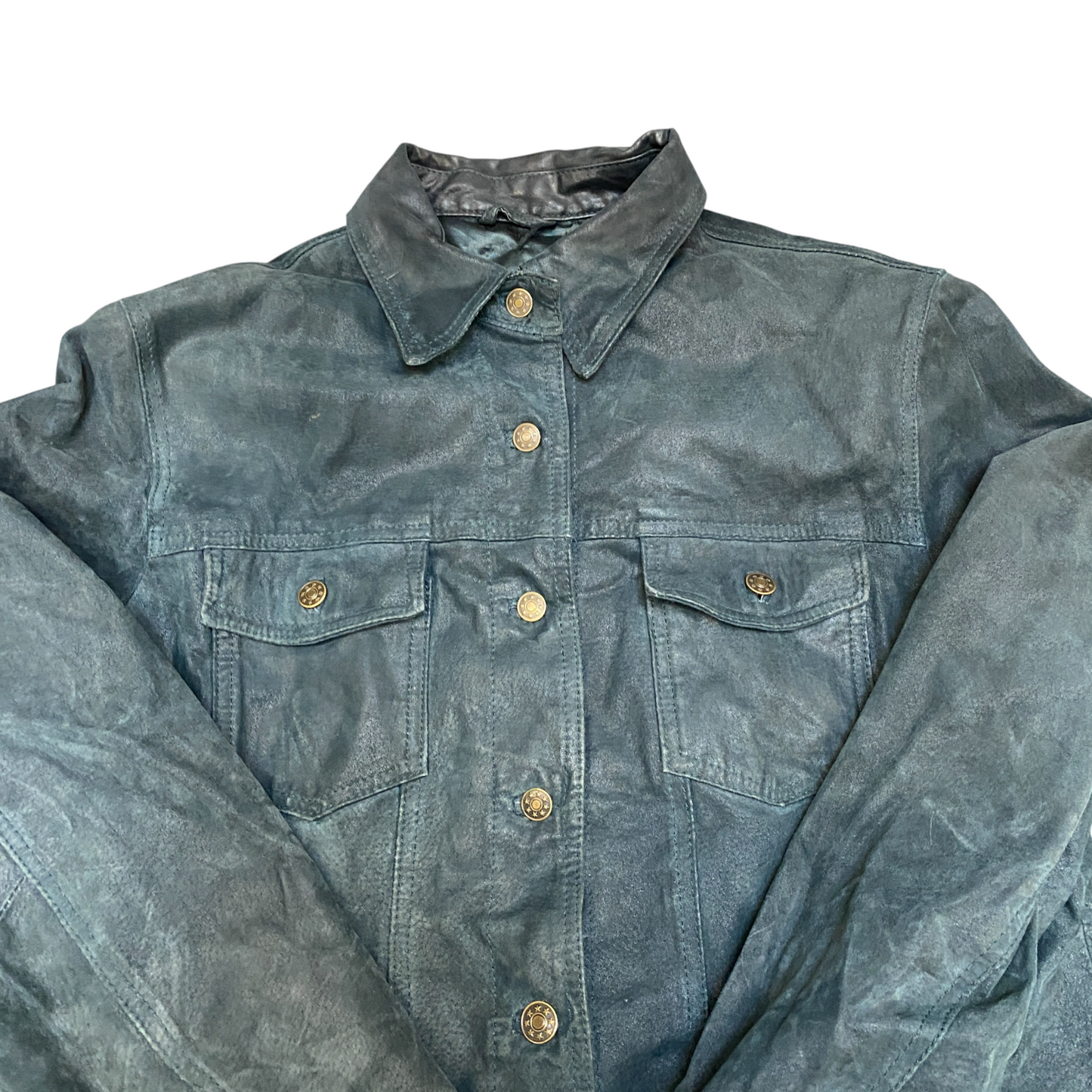 Gate Genuine Leather Jacket Women L Blue Lined Long Sleeve Collared Button Front