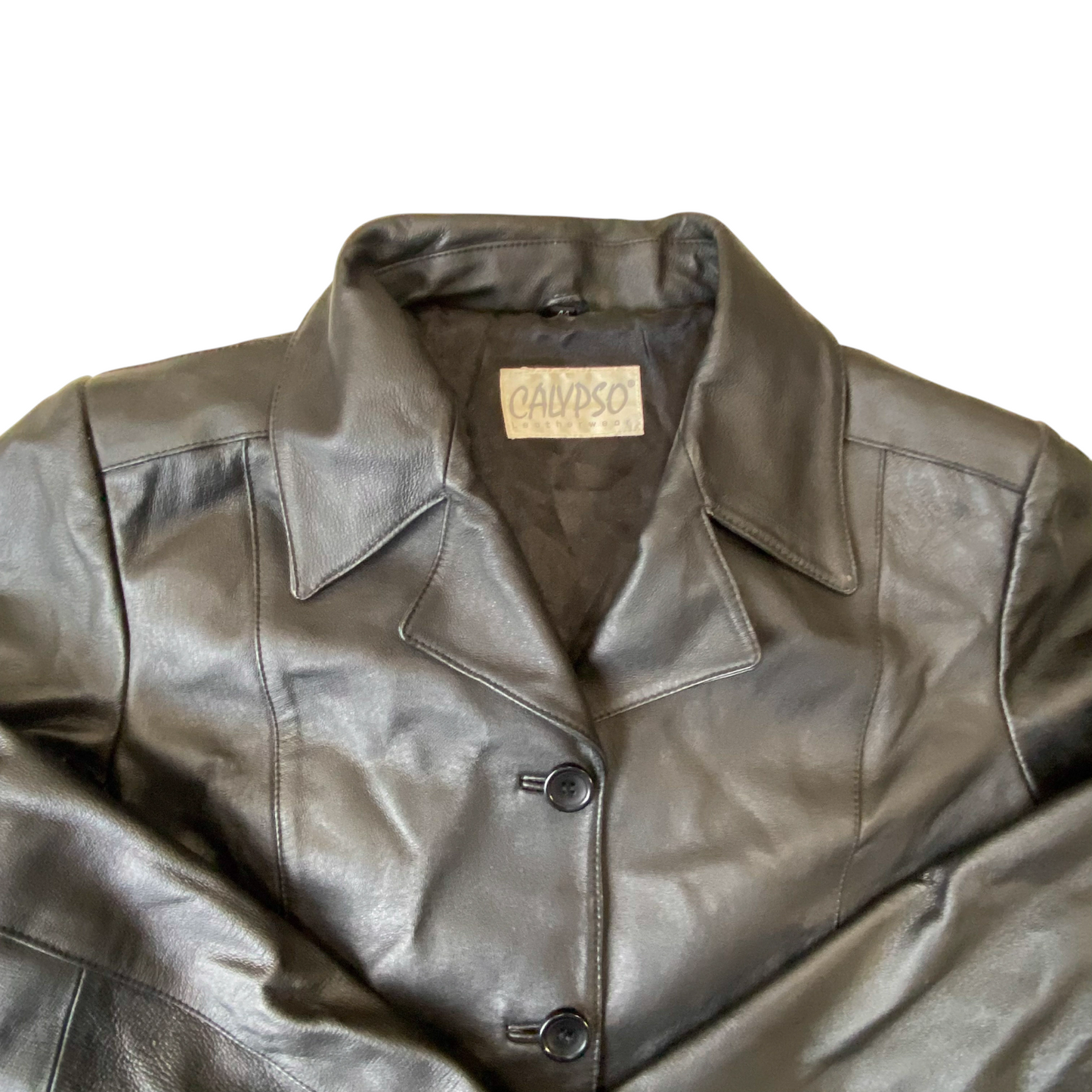 Calypso Leather Wear Trench Coat Womens M Black Lined Notch Collar Button Front