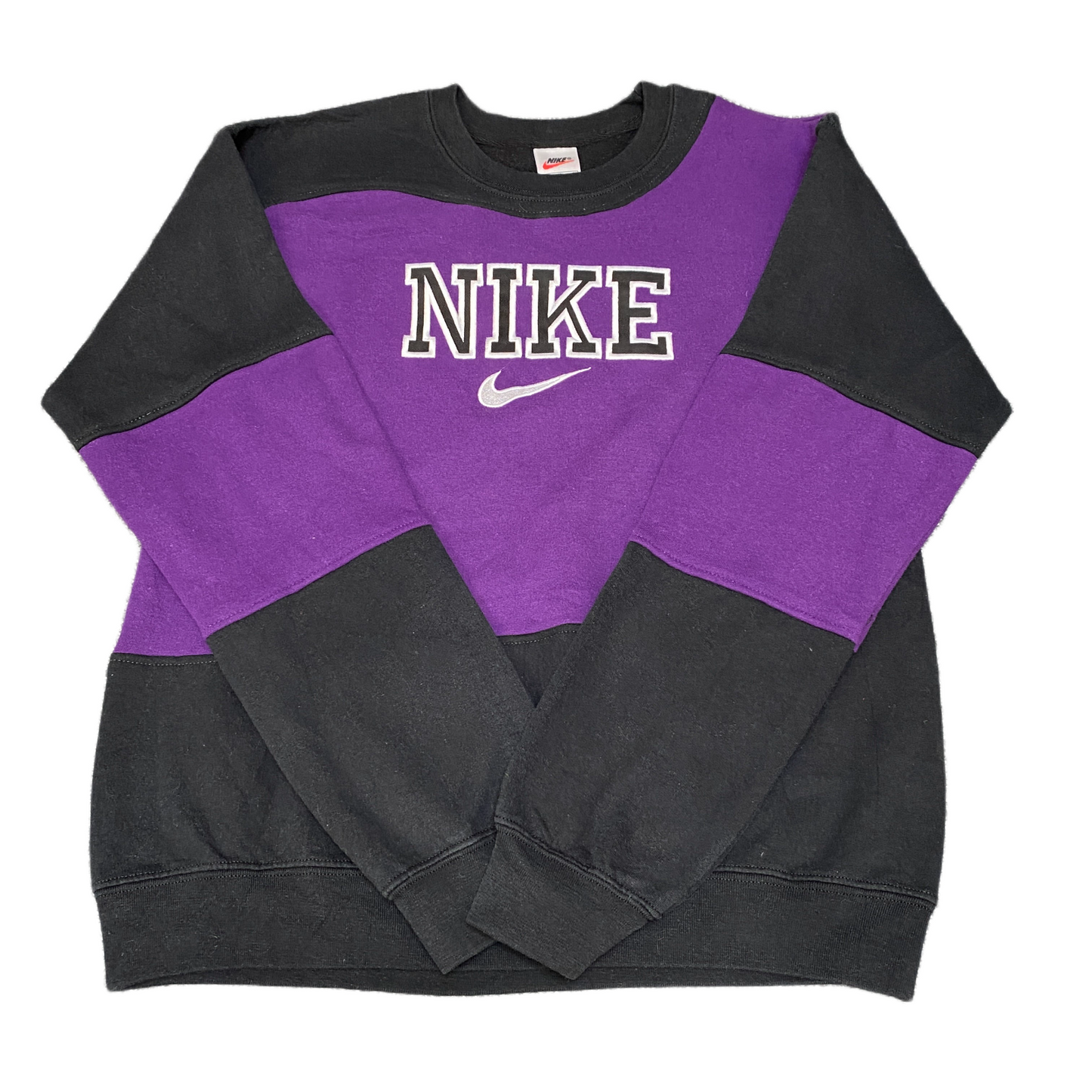 Nike Reworked Sweatshirt Mens M Black Purple Embroidered Spellout Logo Vtg Y2K
