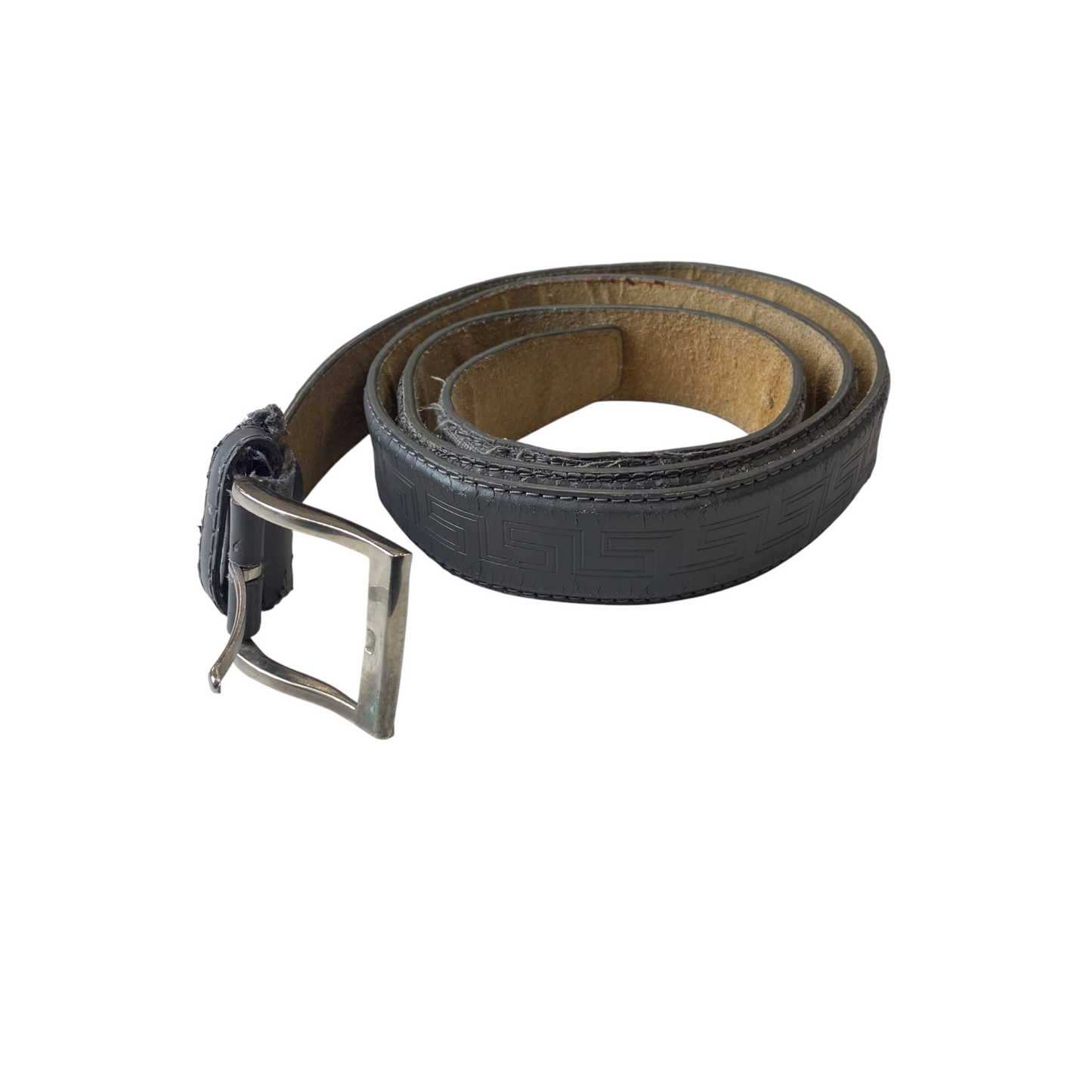 Men's Black Leather Waist Belt Geometric Embossed Silver Buckle Size 50 in