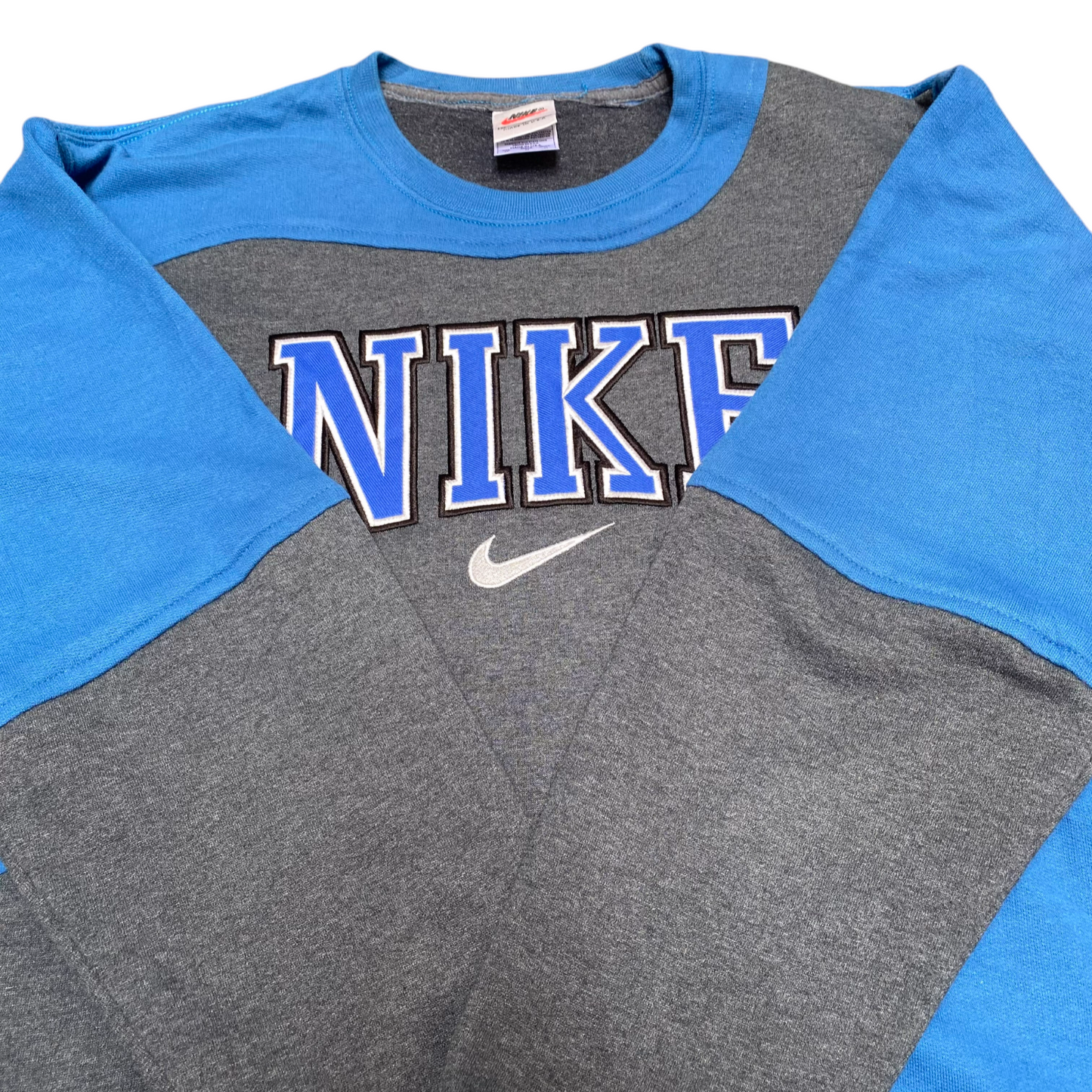 Nike Reworked Sweatshirt Mens Medium Blue Grey Embroidered Spellout Logo Vtg Y2K