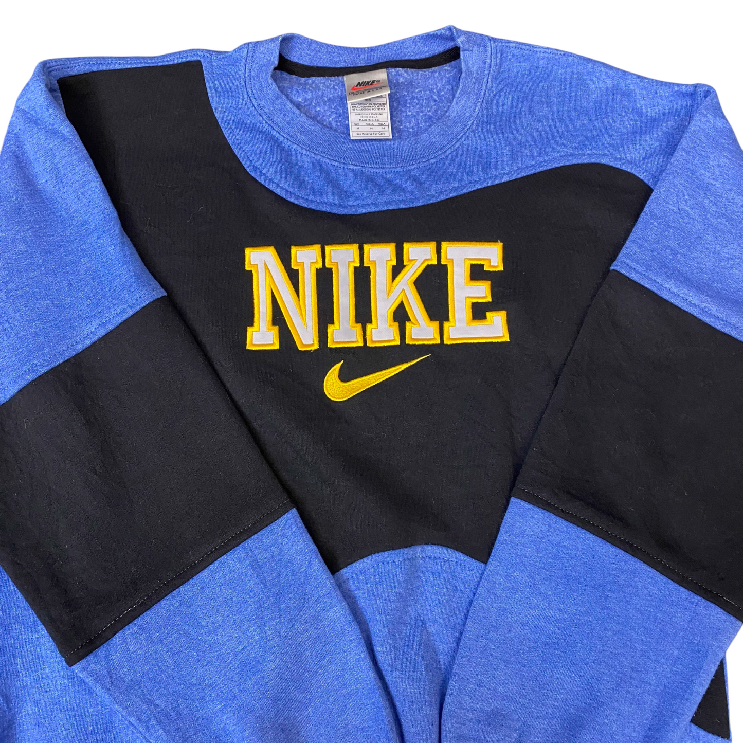 Nike Reworked Sweatshirt Mens M Blue Black Embroidered Spellout Logo Vintage Y2K