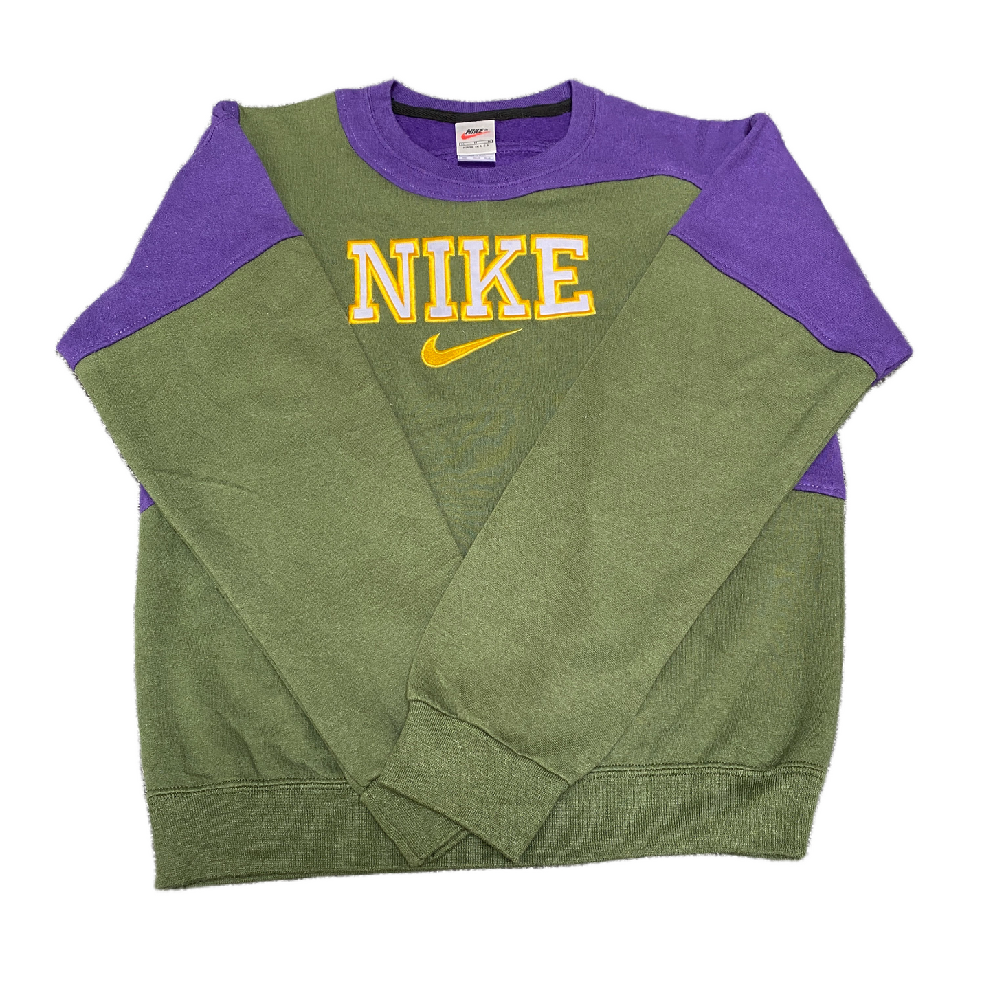 Nike Reworked Sweatshirt Mens M Purple Green Embroidered Spellout Logo Vtg Y2K