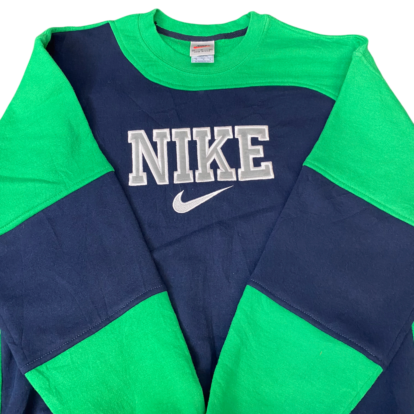Nike Reworked Sweatshirt Mens M Blue Green Embroidered Spellout Logo Vintage Y2K