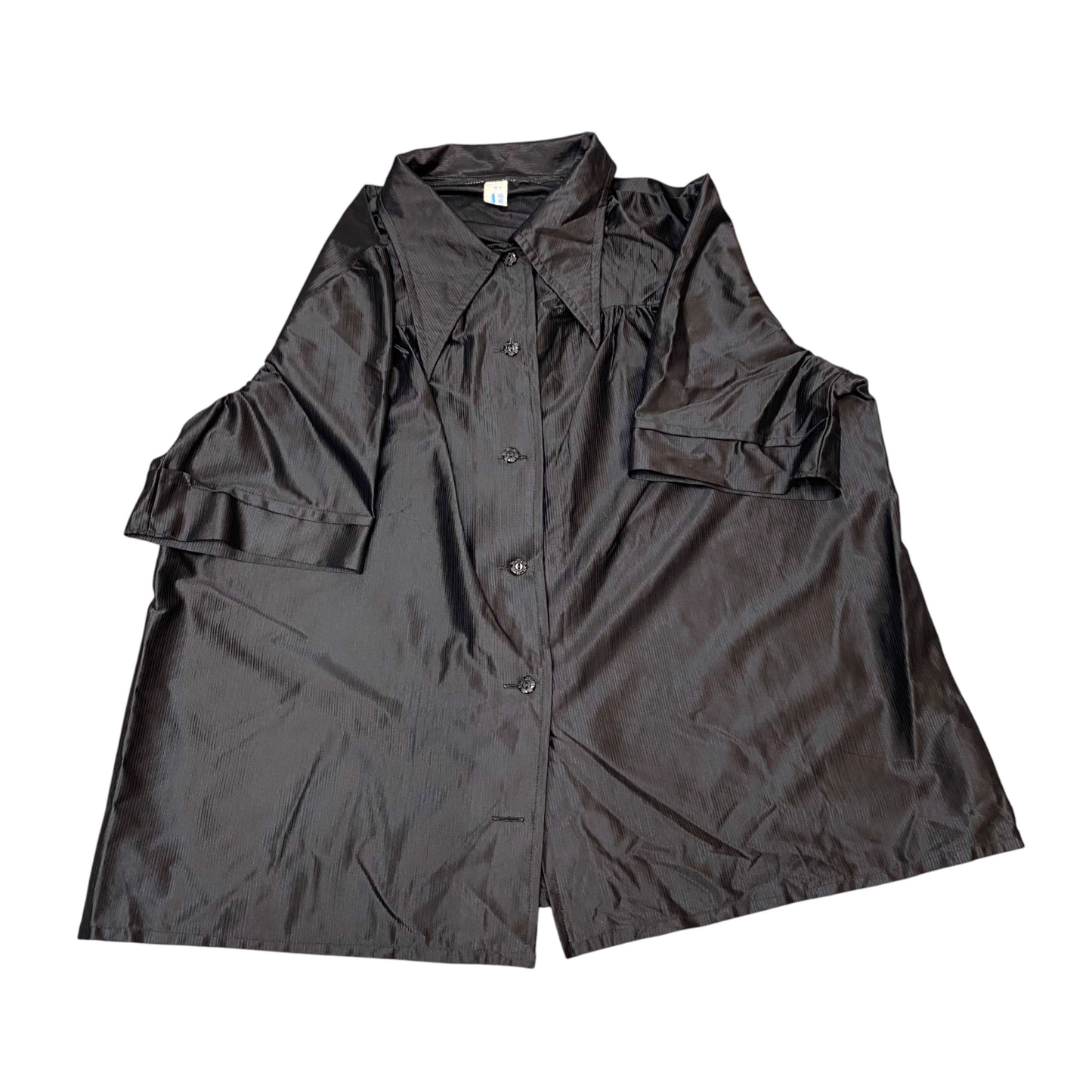 Shirt Top Womens L Black Satin Pleated Short Sleeve Collared Casual Button Front