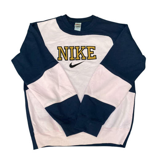 Nike Reworked Sweatshirt Mens S Navy Cream Embroidered Spellout Logo Vintage Y2K