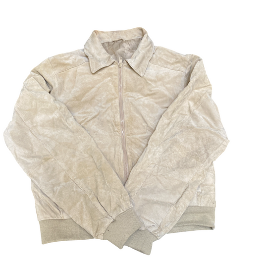 Canda C&A Suede Leather Bomber Jacket Mens Small Beige Lined Collared Full Zip