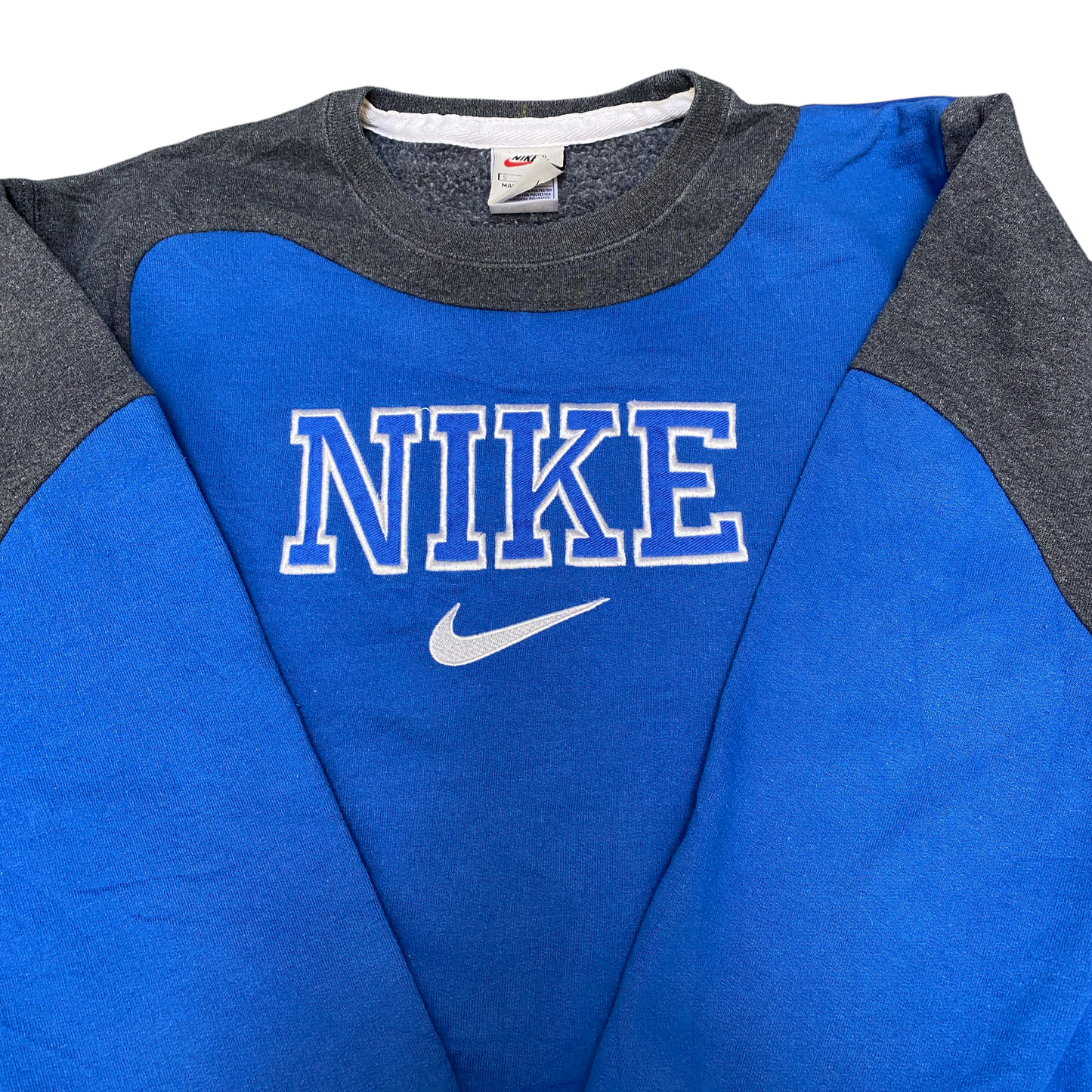 Nike Reworked Sweatshirt Mens S Blue Grey Embroidered Spellout Logo Vintage Y2K