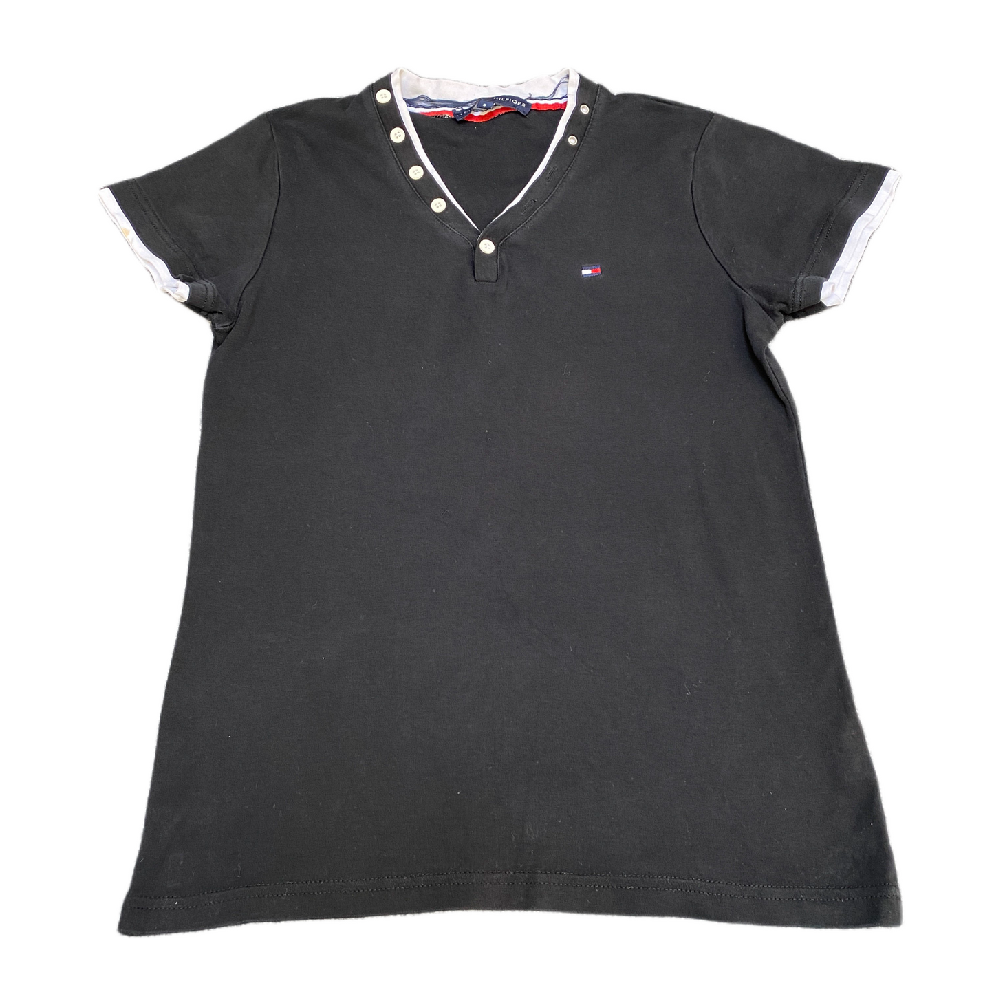 Tommy Hilfiger T-Shirt Womens S Black Stretch Embroidered Logo V Neck Button Tee