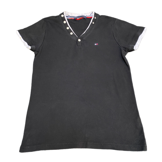 Tommy Hilfiger T-Shirt Womens S Black Stretch Embroidered Logo V Neck Button Tee
