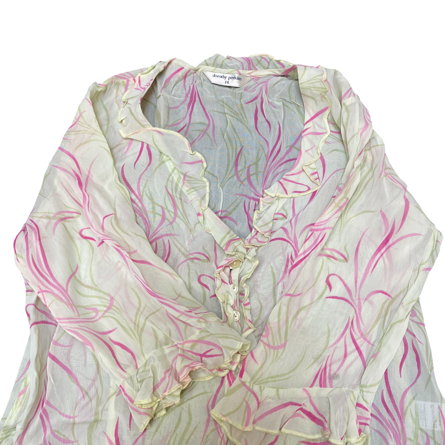 Dorothy Perkins Blouse Top Womens M Green Ruflfe Trim Sheer Casual Button Front