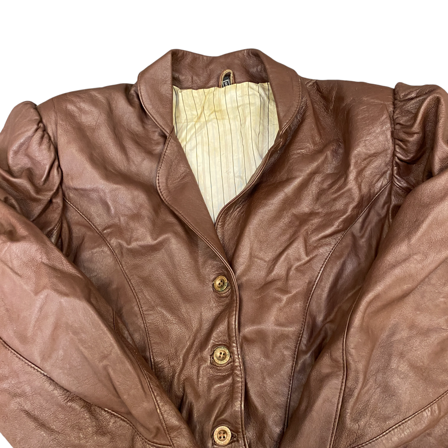 Womens Leather Blazer Jacket Small Brown Lined Notch Lapel Single Breasted