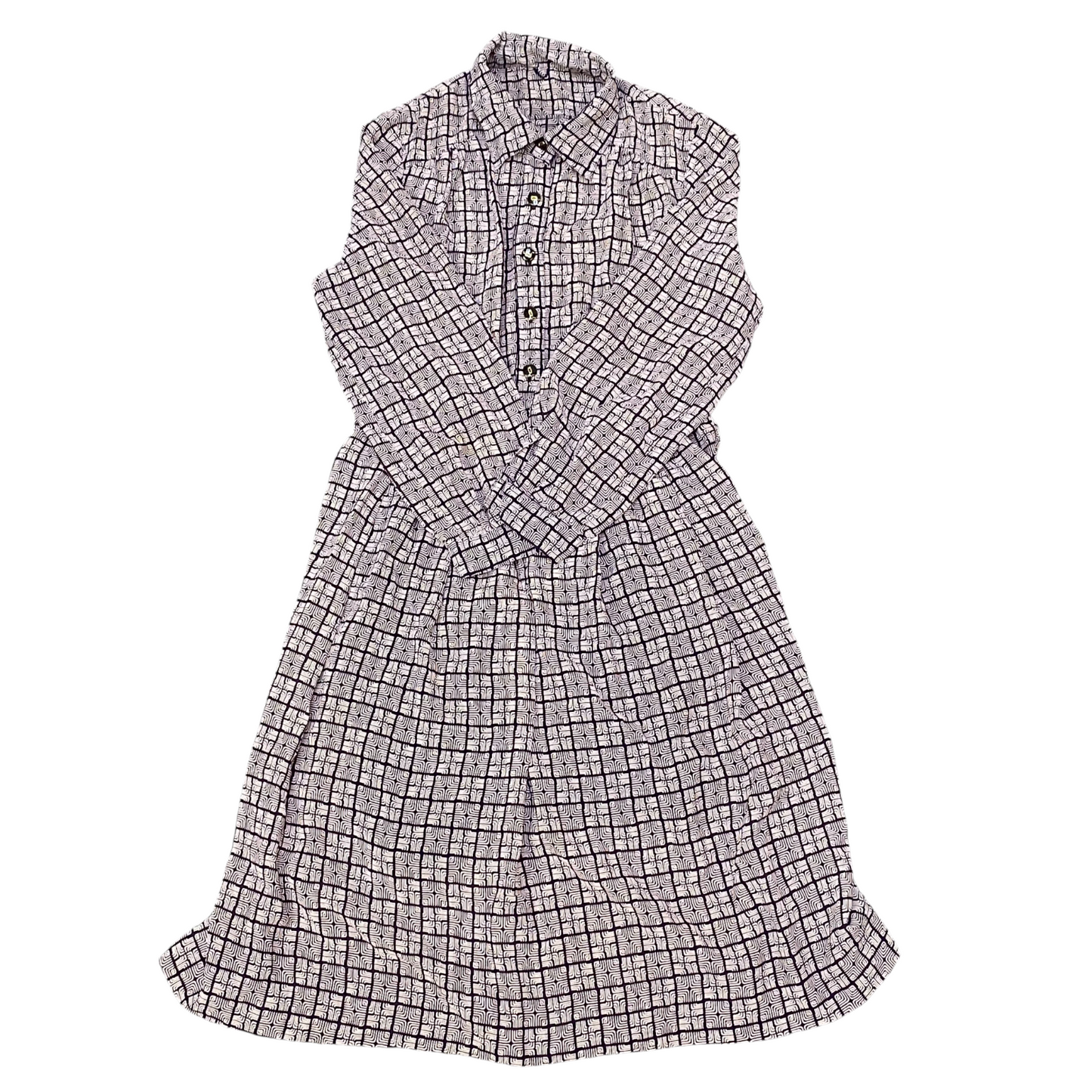 Womens Midi Dress Womens M White Black Geometric Long Sleeve Pleated Button Up