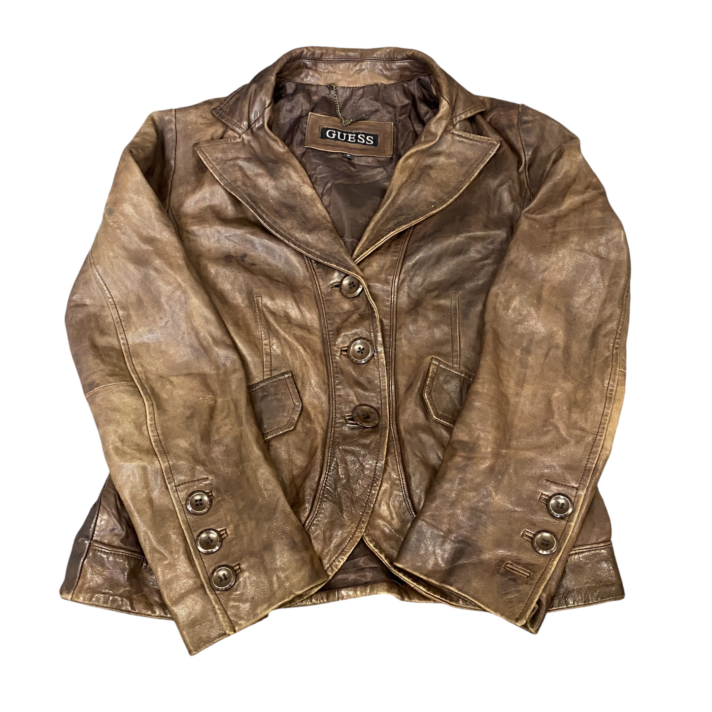 Guess Leather Blazer Jacket Women Medium Brown Lined Notch Lapel Single Breasted