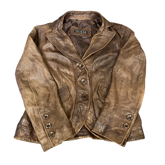 Guess Leather Blazer Jacket Women Medium Brown Lined Notch Lapel Single Breasted