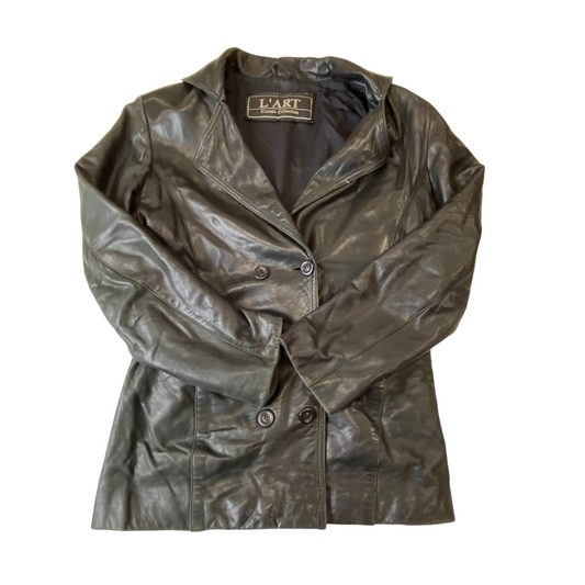 L'Art Classic Collection Leather Blazer Jacket Women Small Black Double Breasted