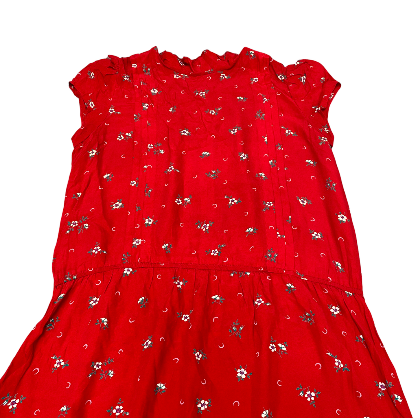 Shift Dress Womens M Red Floral Pleated Ruffle Cap Sleeve Round Neck Back Zip