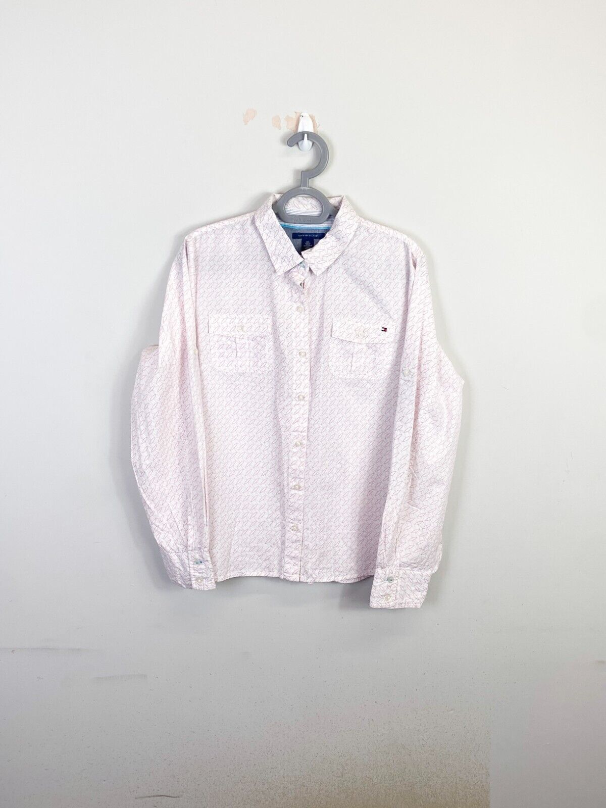 Tommy Hilfiger Shirt Womens Large Pink Textured Flap Pockets Casual Button Down