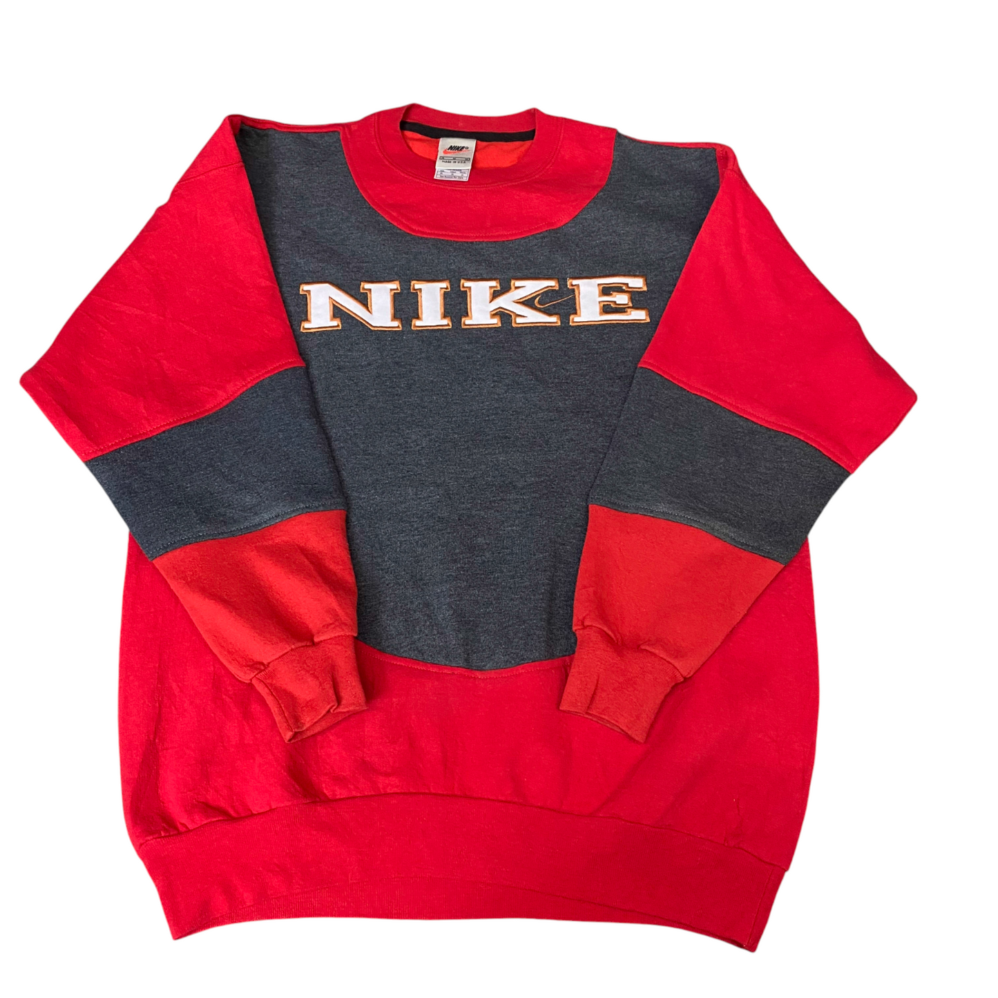 Nike Reworked Sweatshirt Mens M Red Grey Embroidered Spellout Logo Vintage Y2K