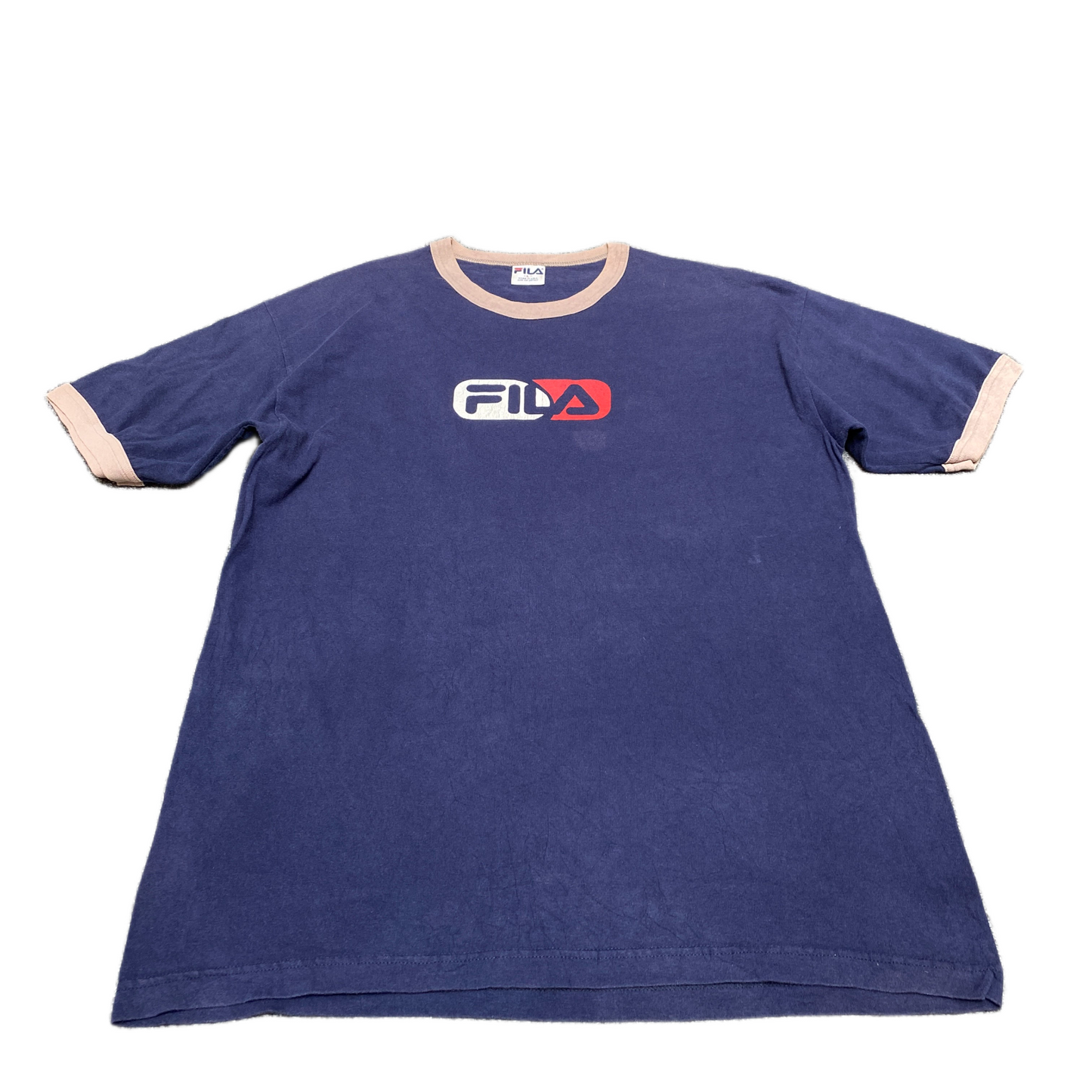 FILA T-Shirt Mens L Navy Graphic Logo Stretch Short Sleeve Crew Neck Pullover