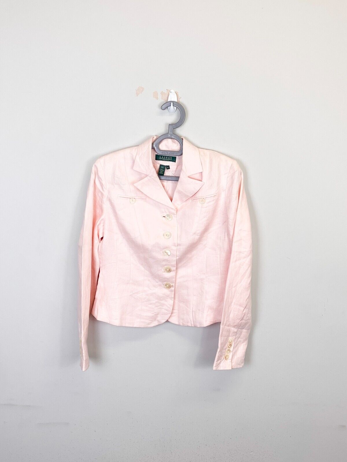 Ralph Lauren Blazer Jacket Womens 4P Pink Linen Notch Lapel Pockets Button Front