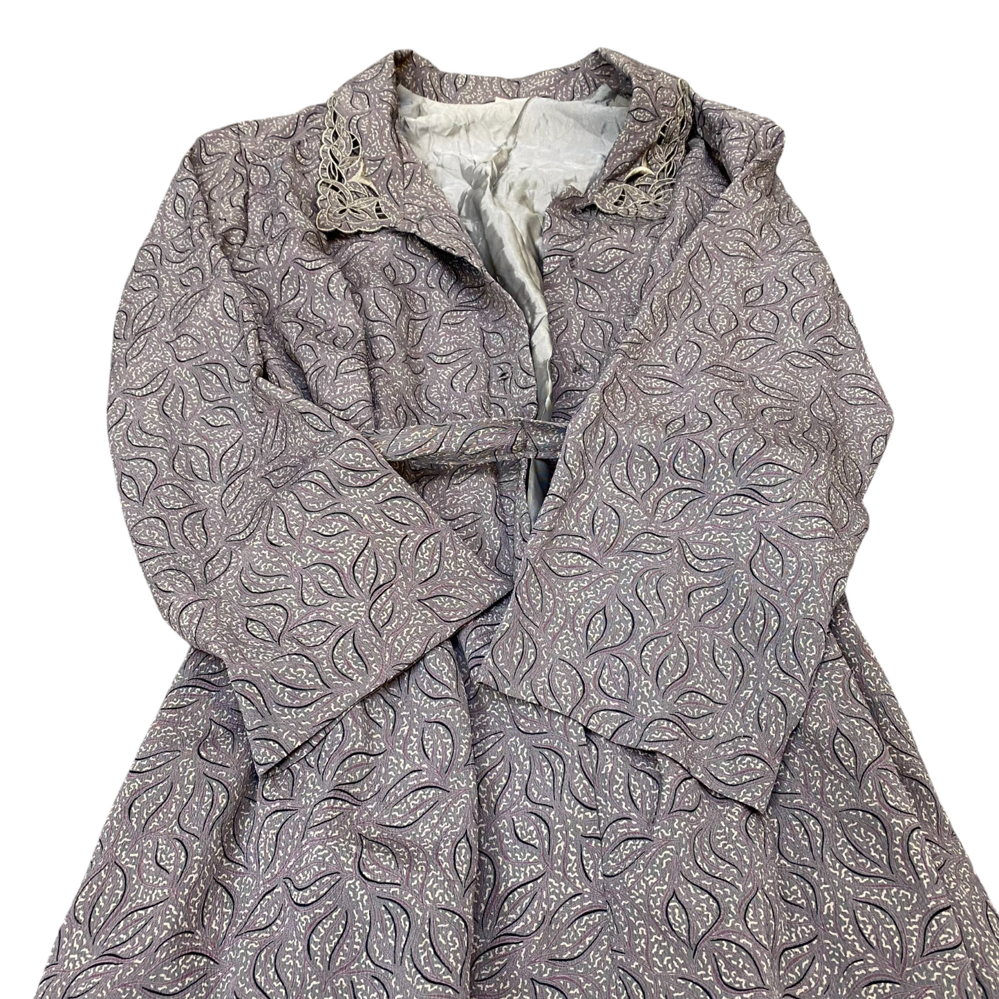 A-Line Dress Womens S Grey Leaf Print Belted Casual Long Sleeve Collared Outdoor