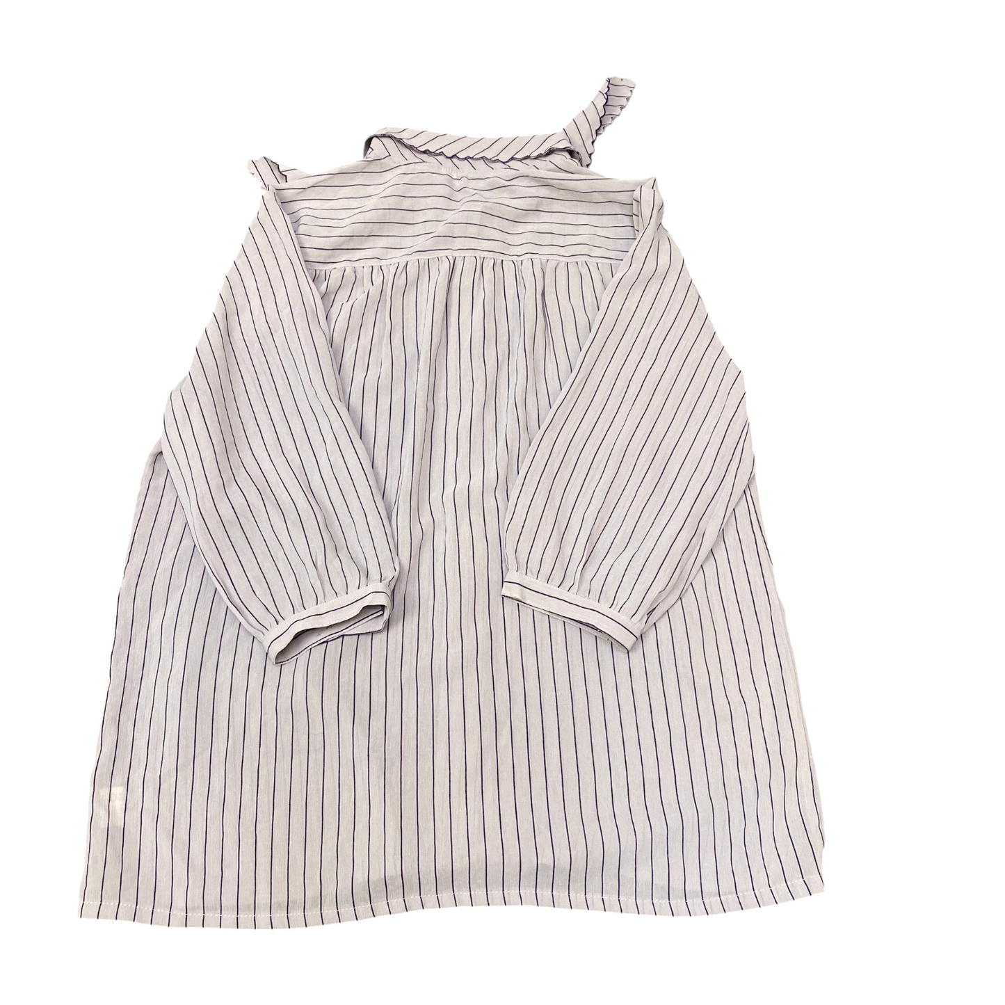 Blouse Top Womens M White Blue Striped Scallop Collared Long Sleeve Button Front