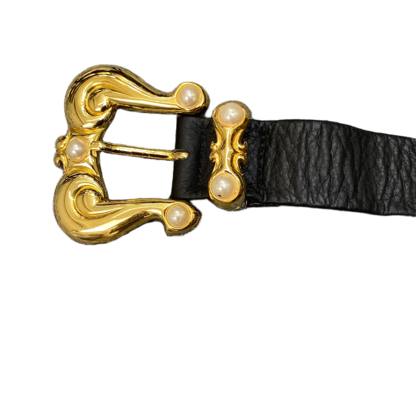 Waist Belt Black Womens Leather White Pearl Stone Gold Tone Buckle 31 Inches