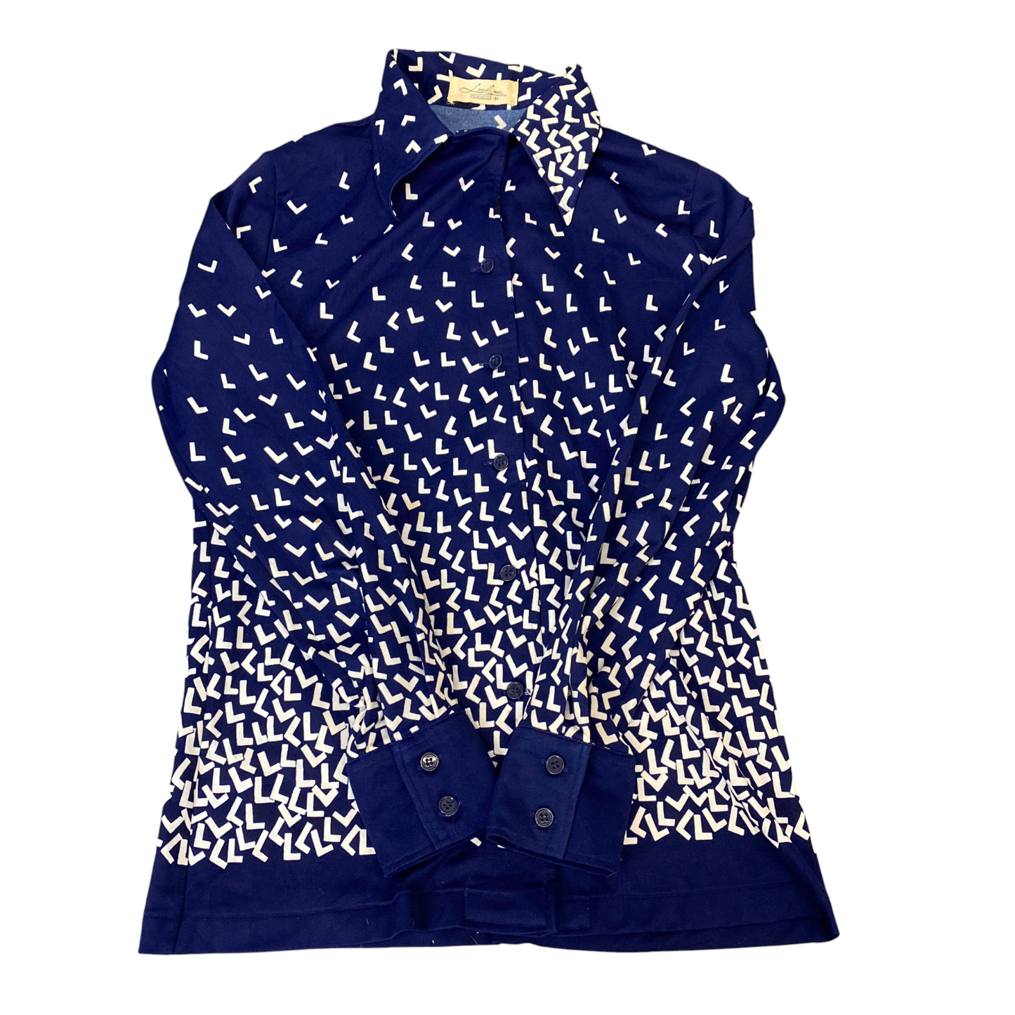 Look Me Shirt Top Womens S Blue White Geometric Long Sleeve Collared Button Up