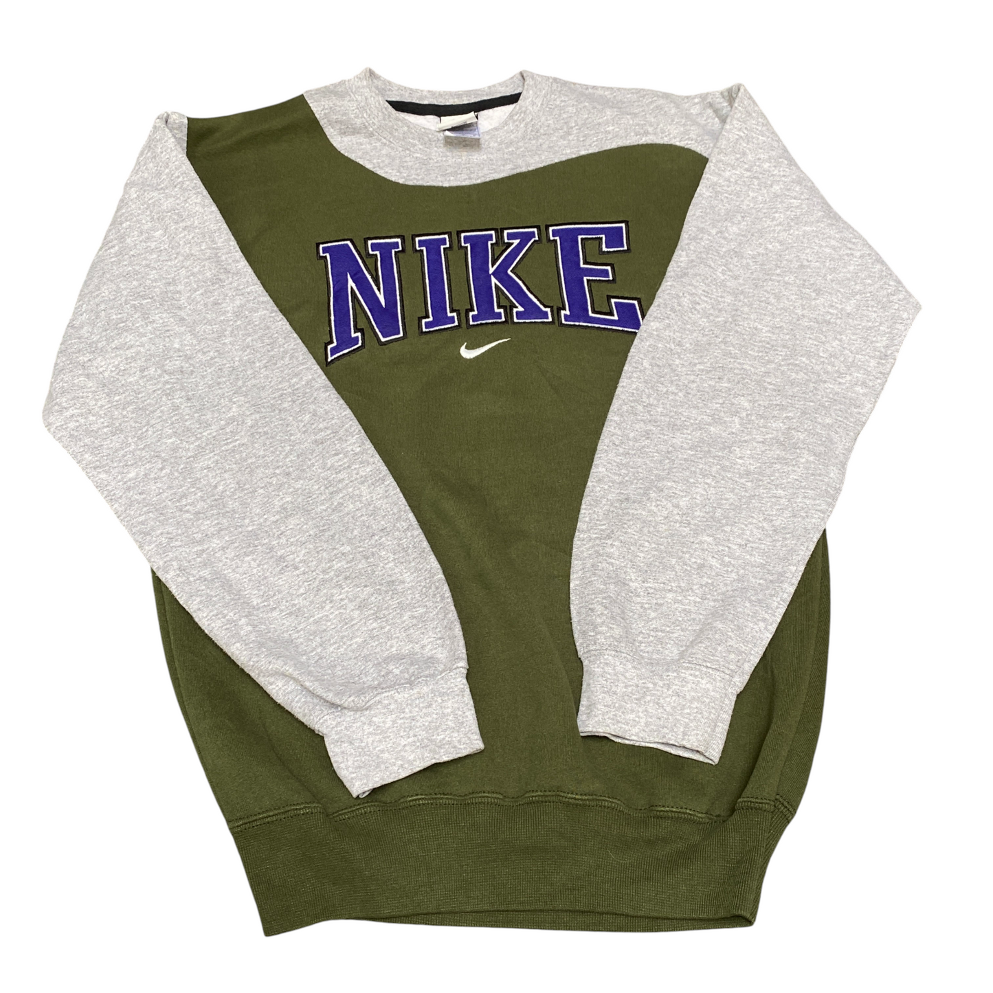 Nike Reworked Sweatshirt Mens M Green Grey Embroidered Spellout Logo Vintage Y2K