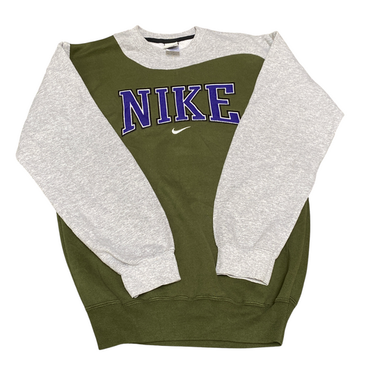 Nike Reworked Sweatshirt Mens M Green Grey Embroidered Spellout Logo Vintage Y2K