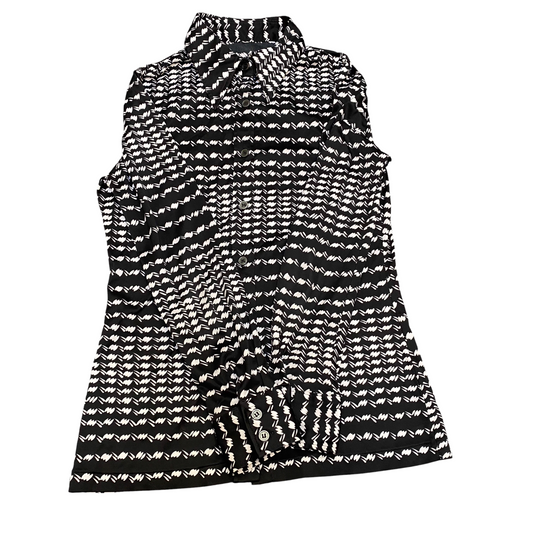 Womens Shirt Top S Black White Geometric Long Sleeve Collared Casual Button Down