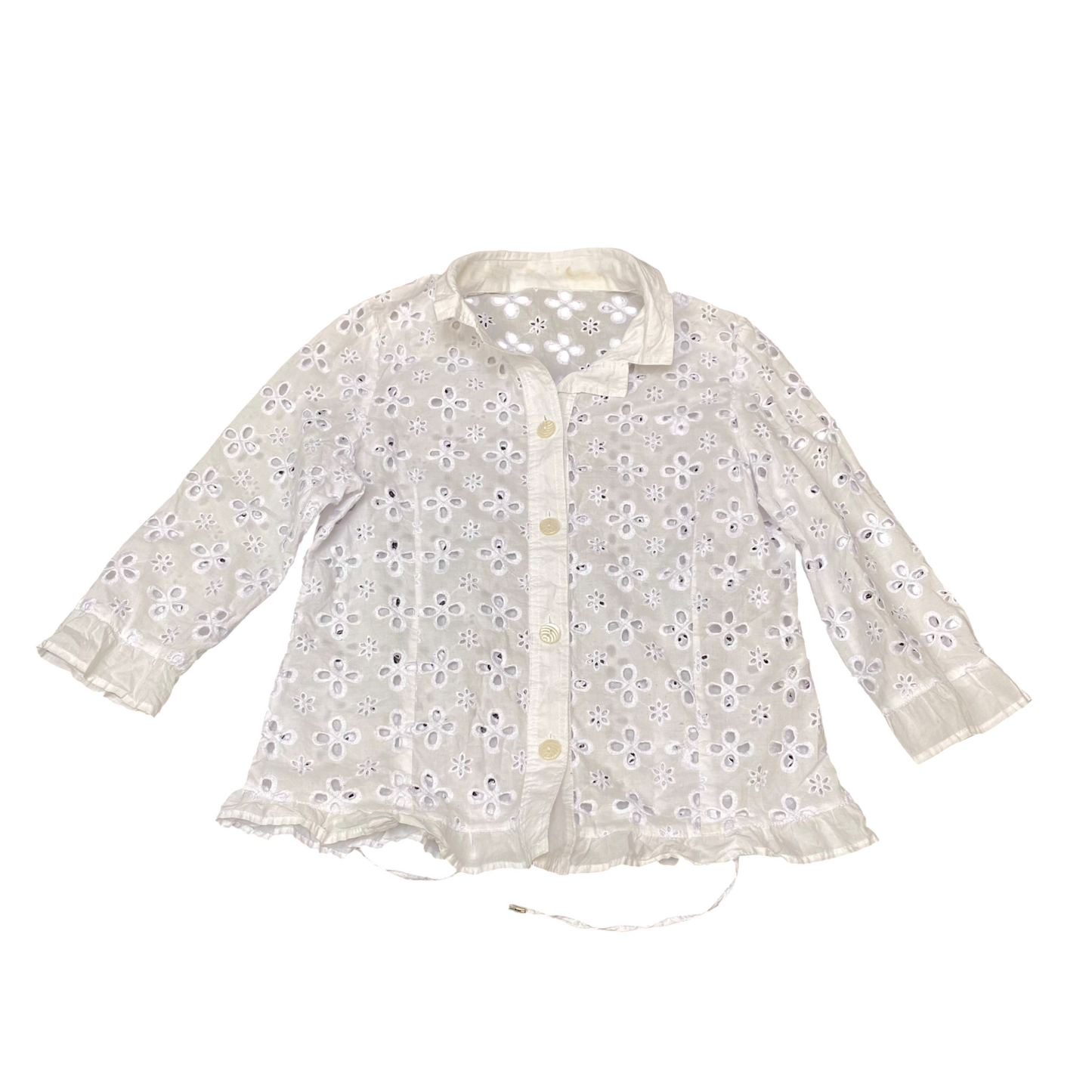 Shirt Top Womens M White Eyelet Floral Long Sleeve Peplum Hem Button Down