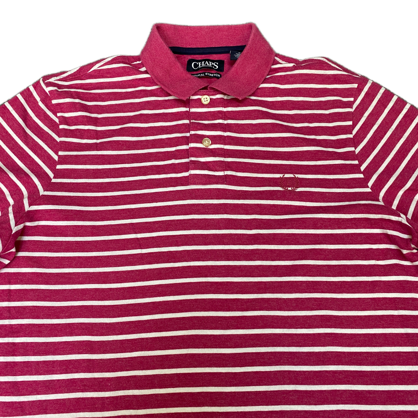 Chaps Polo Shirt Mens M Pink White Striped Natural Stretch High Low Slit Popover