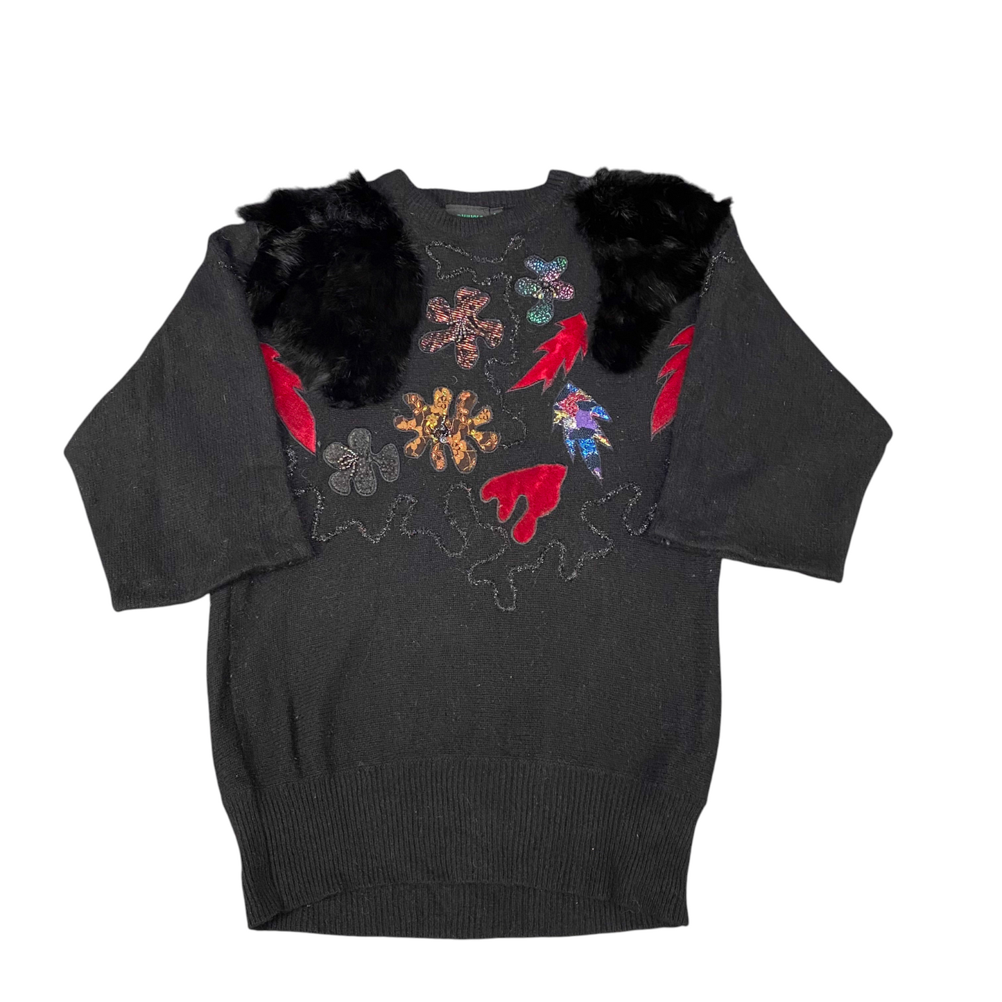 Powyniq bluhmod Jumper Womens Medium Black Embroidered Sequins Floral Crew Neck