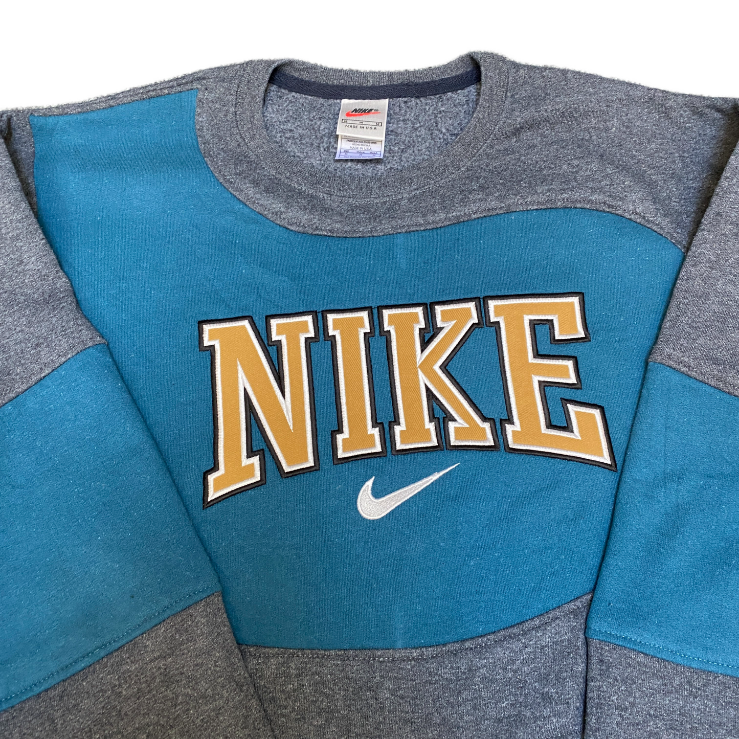 Nike Reworked Sweatshirt Mens M Teal Grey Embroidered Spellout Logo Vintage Y2K