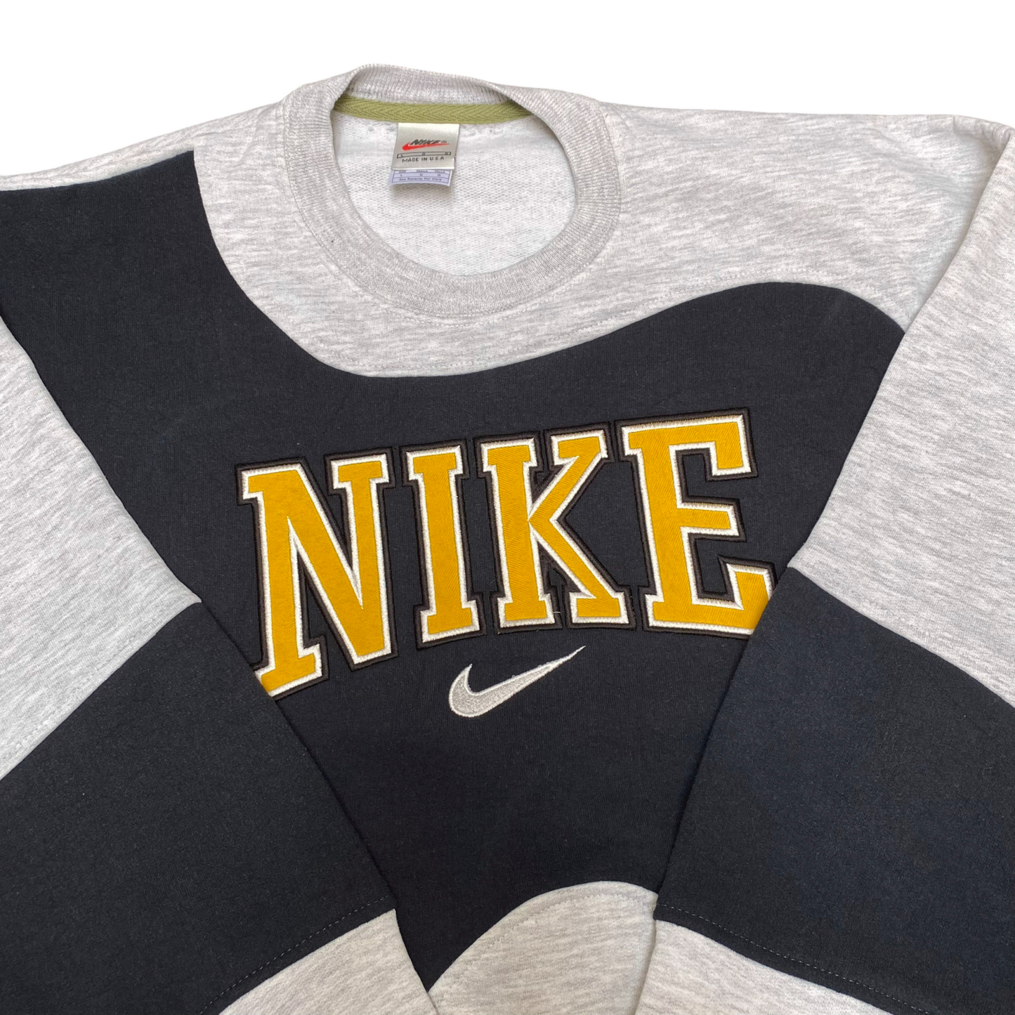 Nike Reworked Sweatshirt Mens L Grey Black Embroidered Spellout Logo Crew Neck
