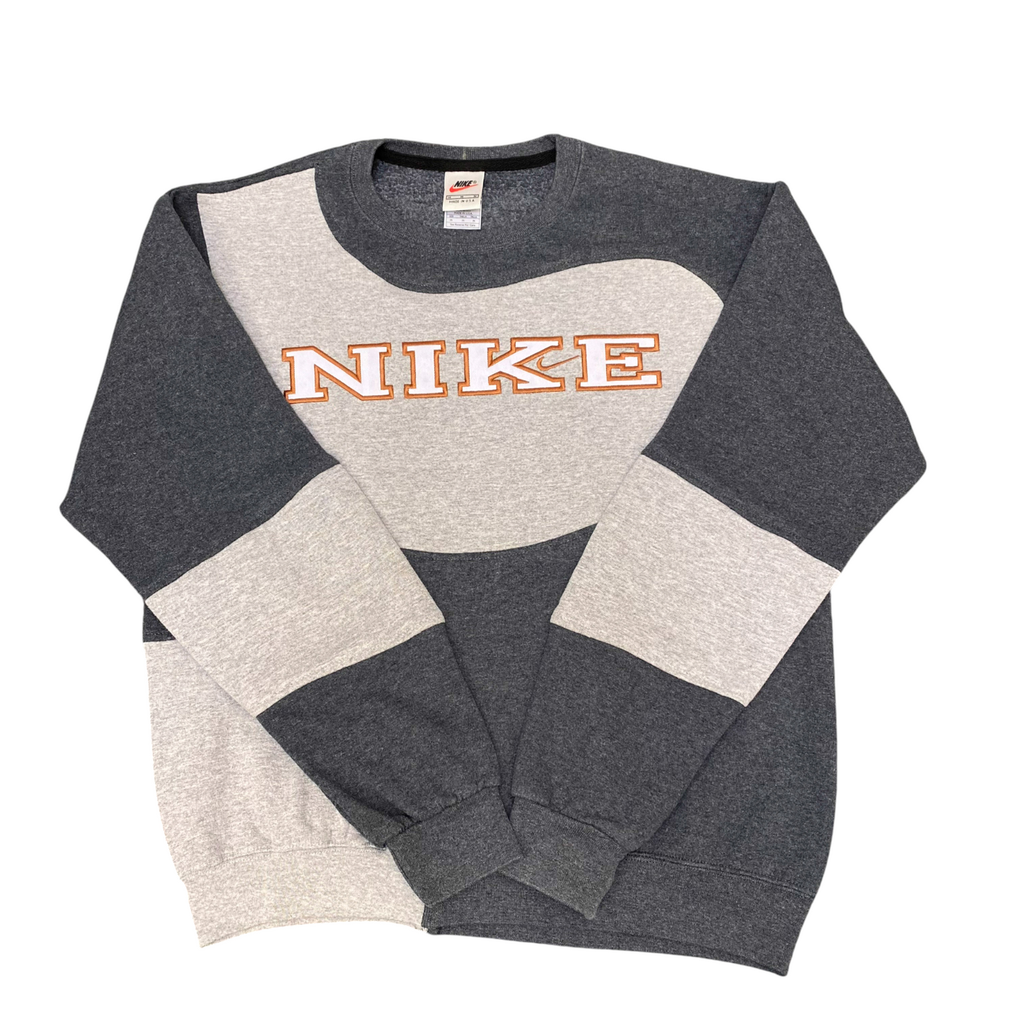 Nike Reworked Sweatshirt Mens M Grey Embroidered Spell Out Logo Y2K Crew Neck