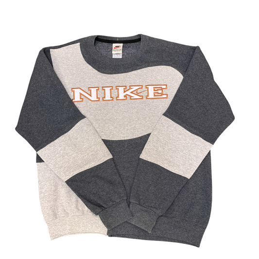 Nike Reworked Sweatshirt Mens M Grey Embroidered Spell Out Logo Y2K Crew Neck