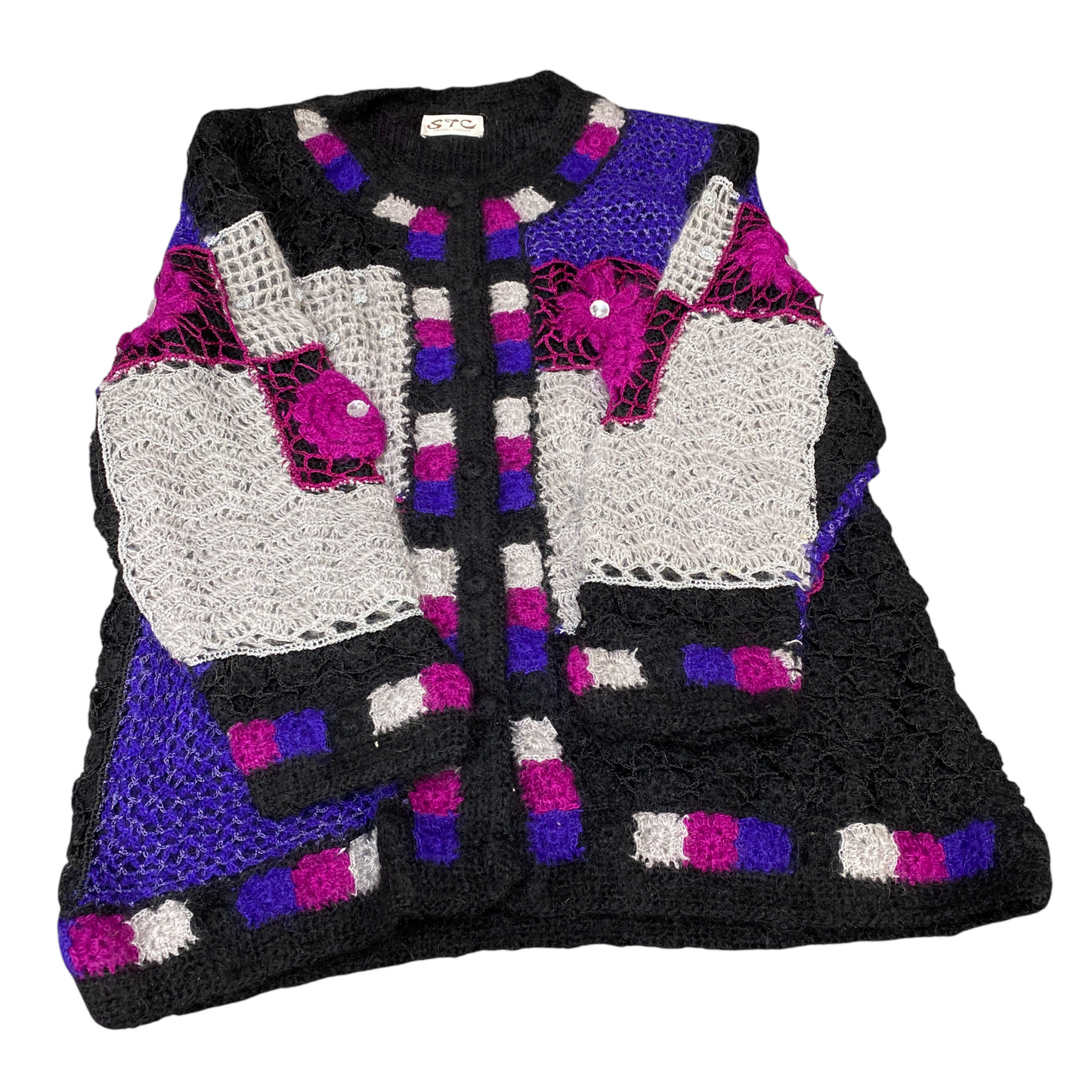 STC Cardigan Jumper Womens Medium Multi Mohair Crochet Granny Knit Button Front