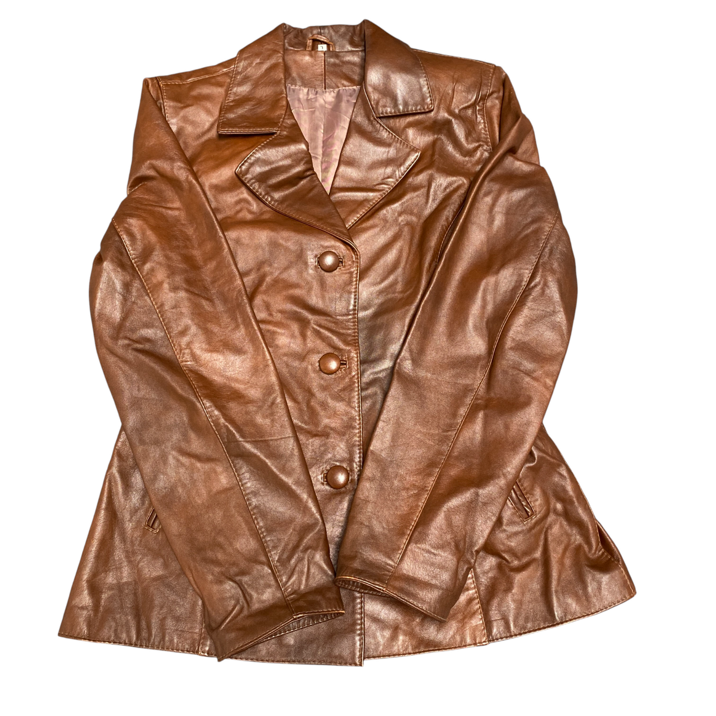 Womens Leather Blazer Jacket Large Brown Long Sleeve Notch Lapel Single Breasted
