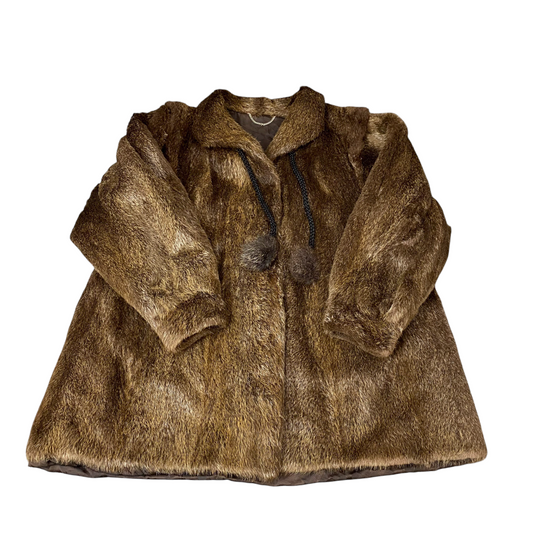 Womens Faux Fur Jacket XL Brown Lined Soft Cozy Warm Winter Drawstring Collar