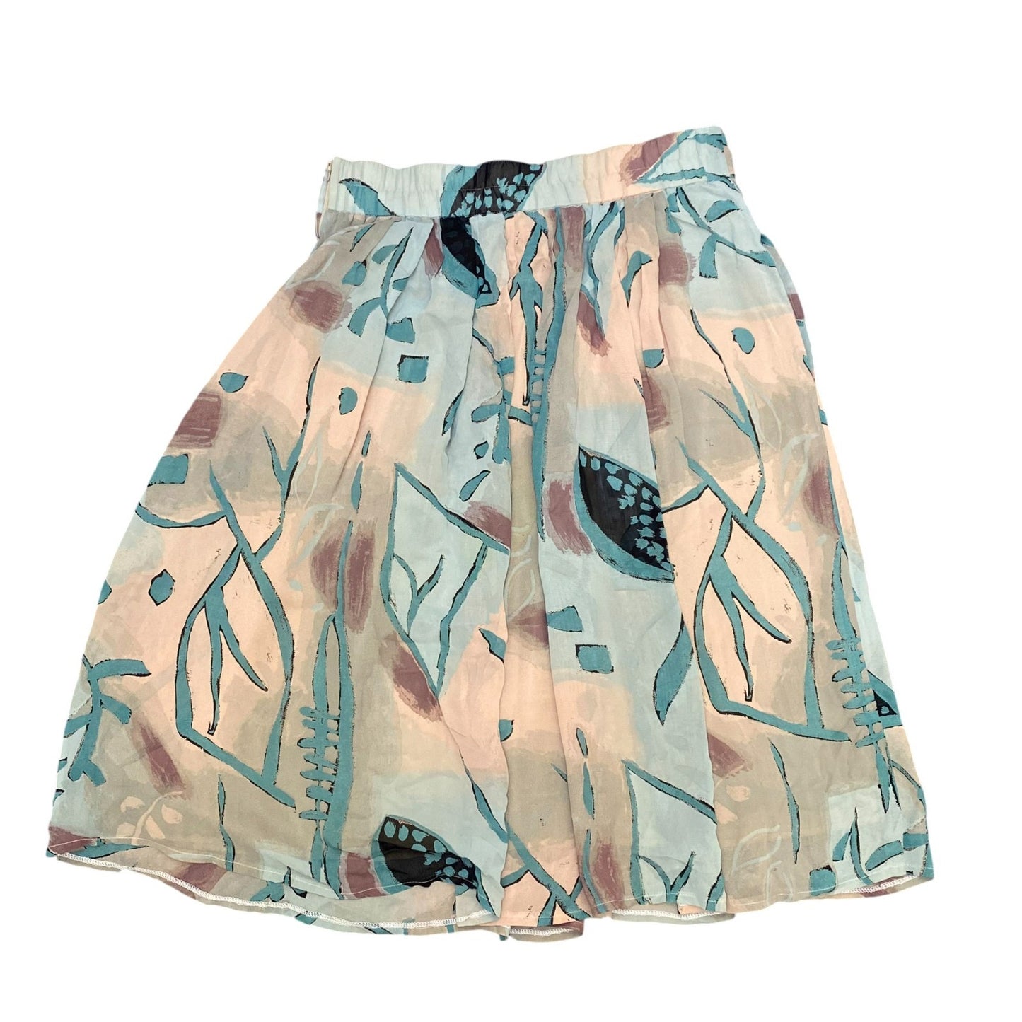 A-Line Skirt Womens L Multi Leaf Print Chiffon Pleated Elastic Waist Side Zip