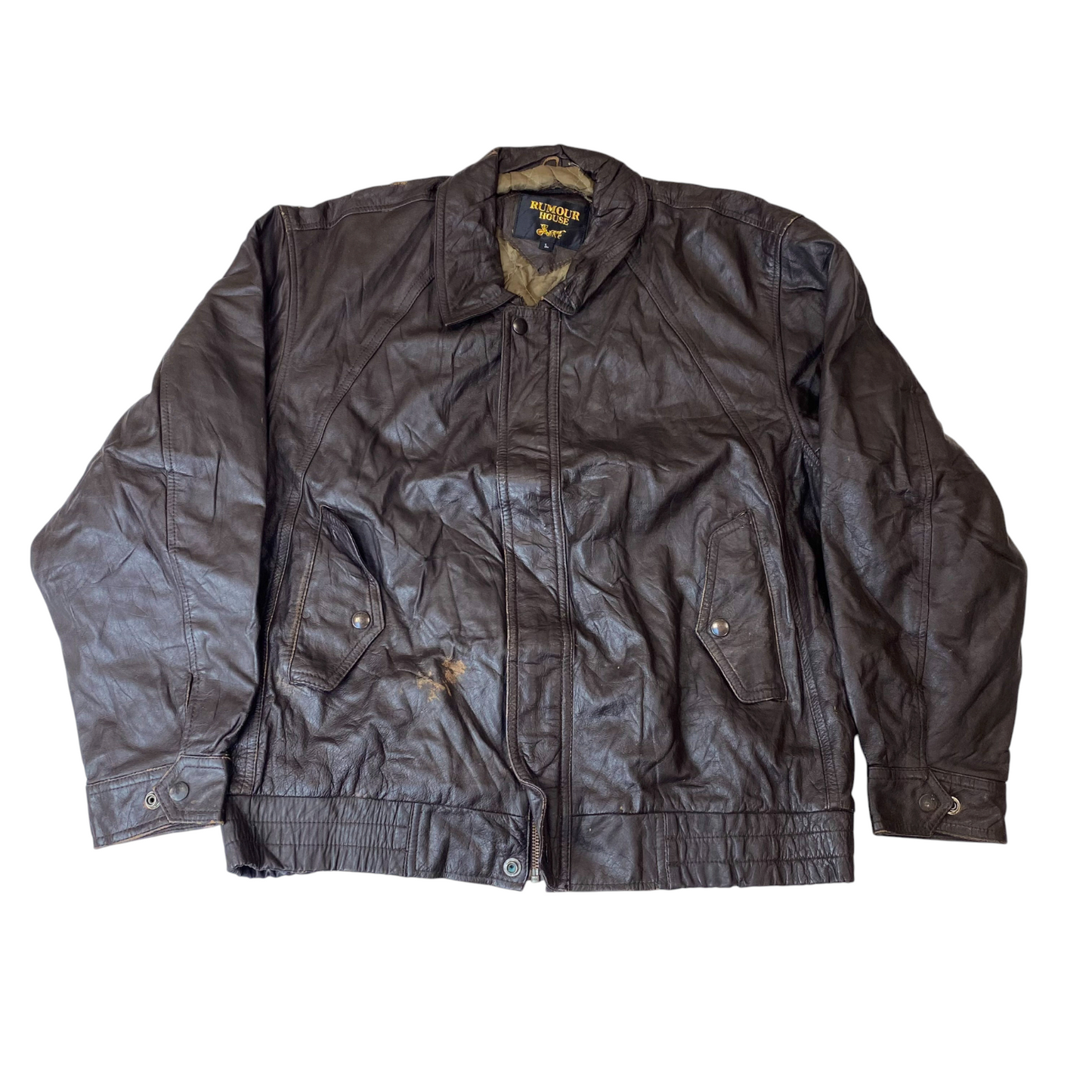 Rumour House Bomber Jacket Mens Large Brown Leather Pockets Snap Inside Zip