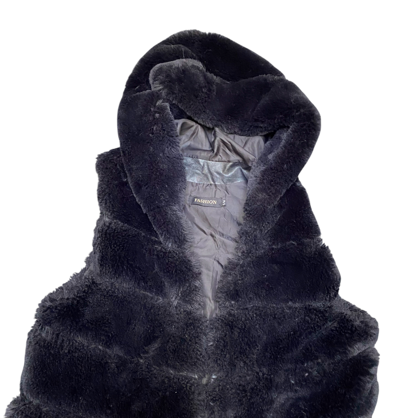 Fashion Faux Fur Vest Womens S/M Black Satin Lined Lightweight Sleeveless Hooded